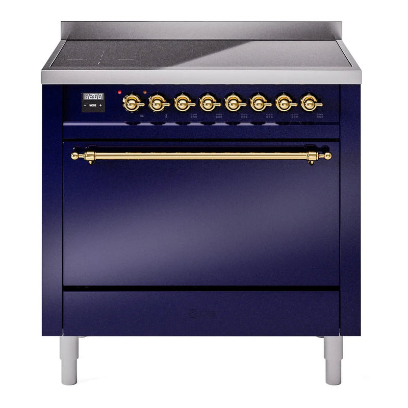 ILVE Nostalgie II 36" Induction Freestanding Range in Midnight Blue with Brass Trim, UPI366QNMPMBG