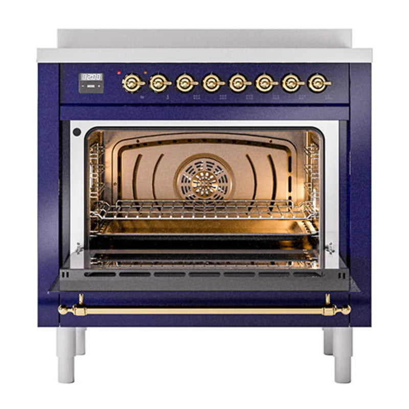ILVE Nostalgie II 36" Induction Freestanding Range in Midnight Blue with Brass Trim, UPI366QNMPMBG