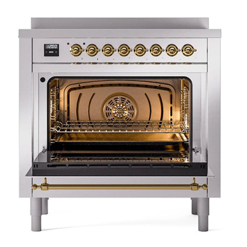 ILVE Nostalgie II 36" Induction Freestanding Range in Stainless Steel with Brass Trim, UPI366QNMPSSG