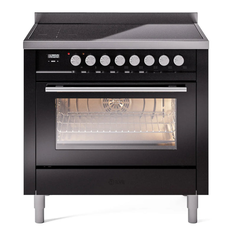 ILVE Professional Plus II 36" Induction Freestanding Range in Glossy Black with Stainless Steel Trim, UPI366WMPBK