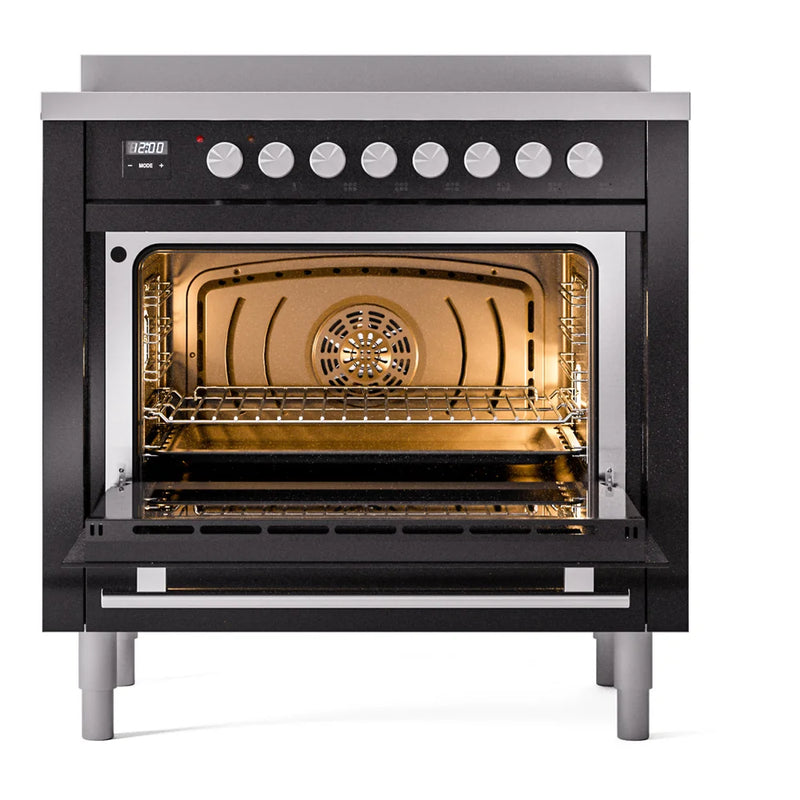ILVE Professional Plus II 36" Induction Freestanding Range in Glossy Black with Stainless Steel Trim, UPI366WMPBK