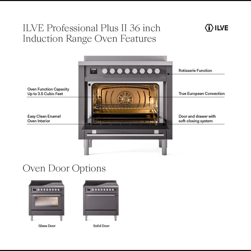 ILVE Professional Plus II 36" Induction Freestanding Range in Graphite Matte with Stainless Steel Trim, UPI366WMPMG