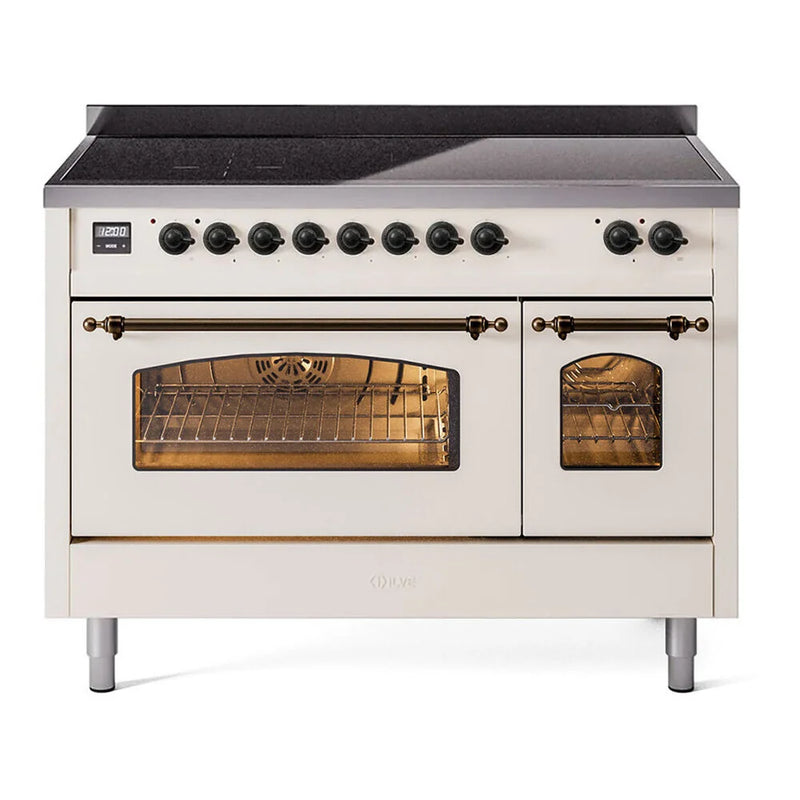 ILVE Nostalgie II 48" Induction Freestanding Range in Antique White with Burnished Trim, UPI486NMPAWB