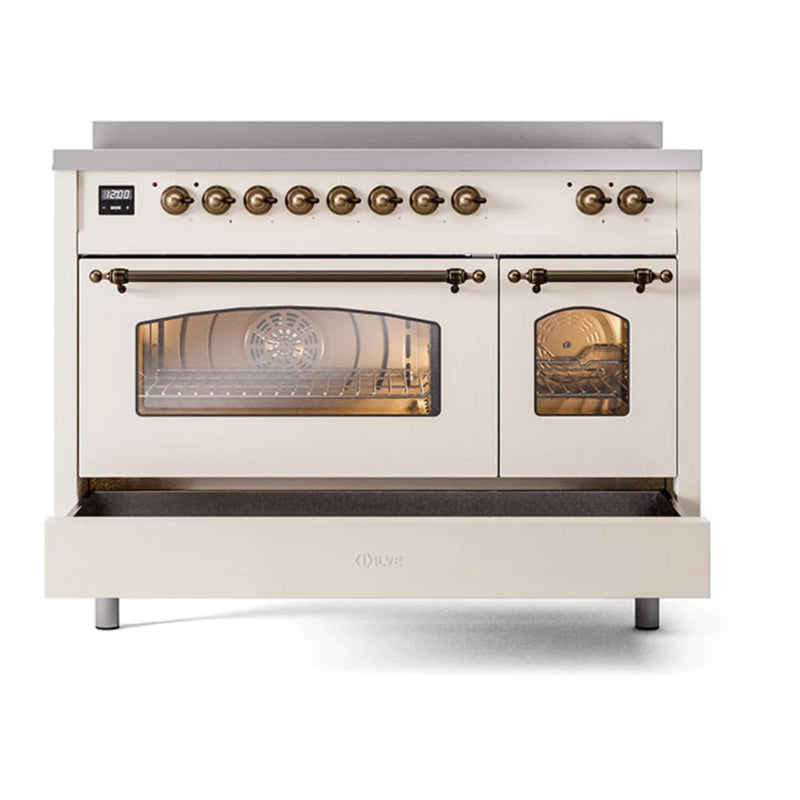 ILVE Nostalgie II 48" Induction Freestanding Range in Antique White with Burnished Trim, UPI486NMPAWB