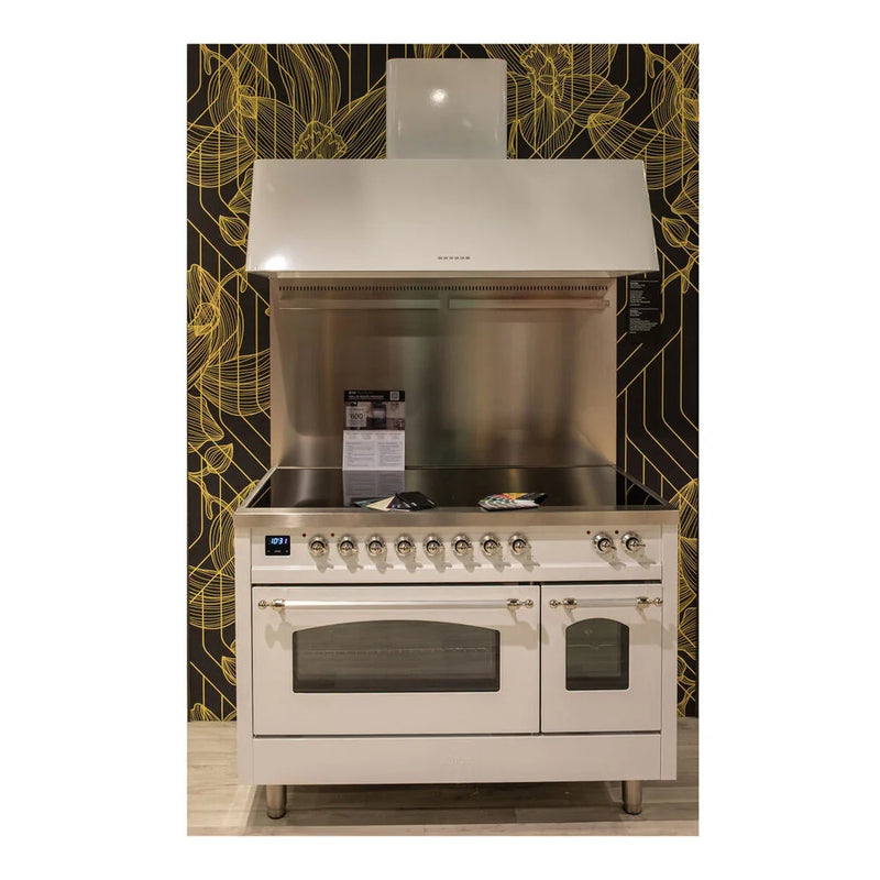 ILVE Nostalgie II 48" Induction Freestanding Range in Antique White with Chrome Trim, UPI486NMPAWC