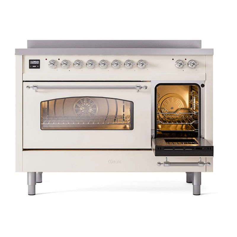 ILVE Nostalgie II 48" Induction Freestanding Range in Antique White with Chrome Trim, UPI486NMPAWC