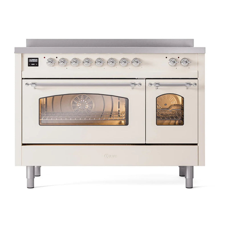 ILVE Nostalgie II 48" Induction Freestanding Range in Antique White with Chrome Trim, UPI486NMPAWC
