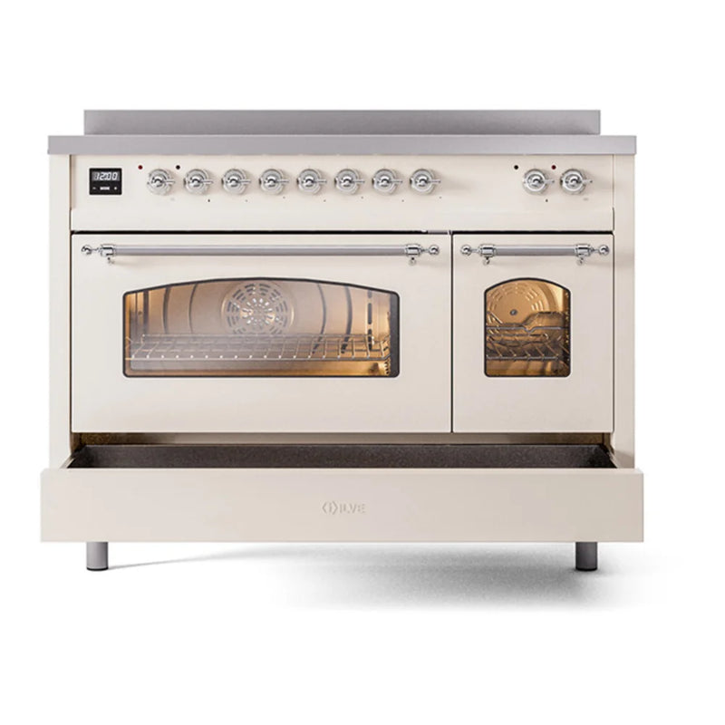 ILVE Nostalgie II 48" Induction Freestanding Range in Antique White with Chrome Trim, UPI486NMPAWC