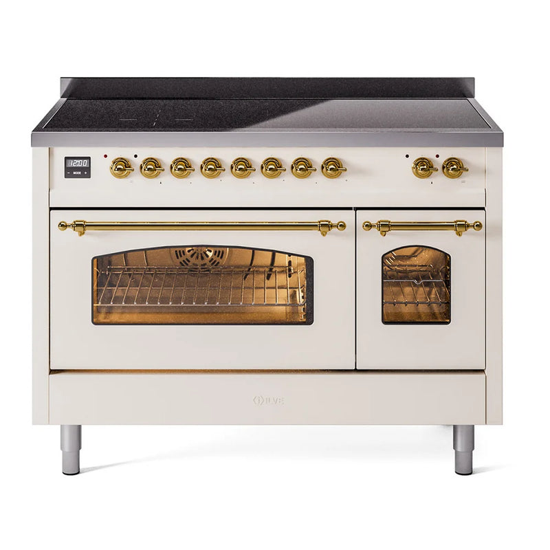 ILVE Nostalgie II 48" Induction Freestanding Range in Antique White with Brass Trim, UPI486NMPAWG