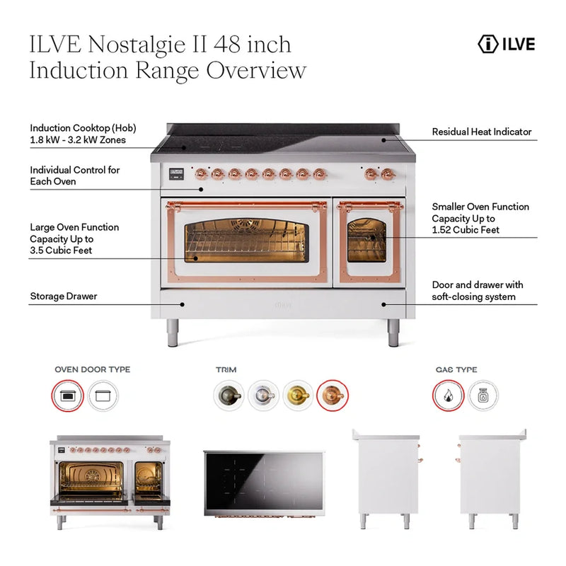 ILVE Nostalgie II 48" Induction Freestanding Range in Antique White with Copper Trim, UPI486NMPAWP