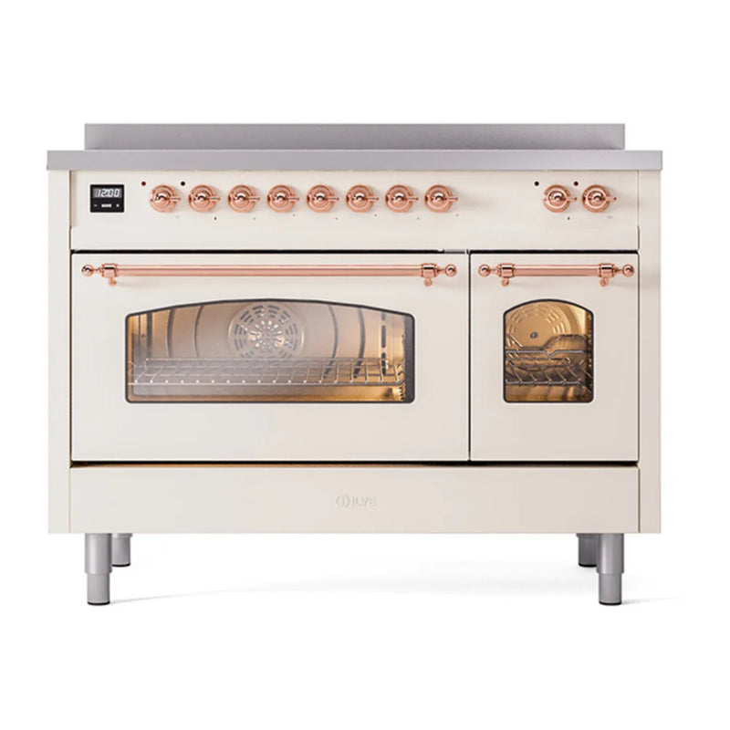 ILVE Nostalgie II 48" Induction Freestanding Range in Antique White with Copper Trim, UPI486NMPAWP
