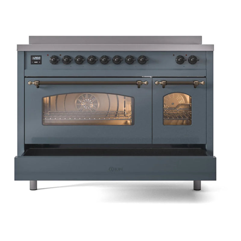 ILVE Nostalgie II 48" Induction Freestanding Range in Blue Grey with Burnished Trim, UPI486NMPBGB