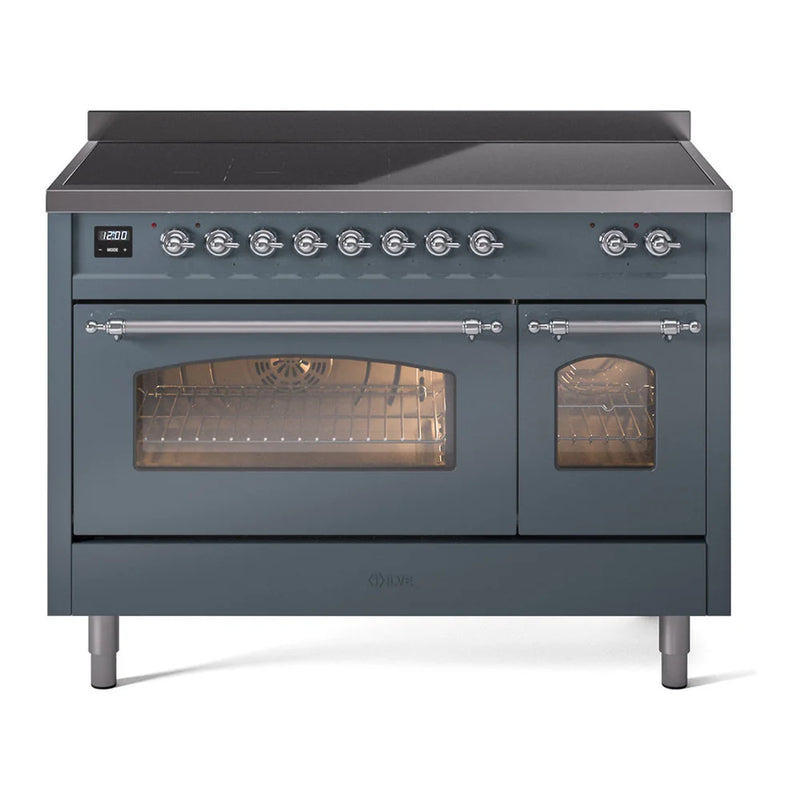 ILVE Nostalgie II 48" Induction Freestanding Range in Blue Grey with Chrome Trim, UPI486NMPBGC