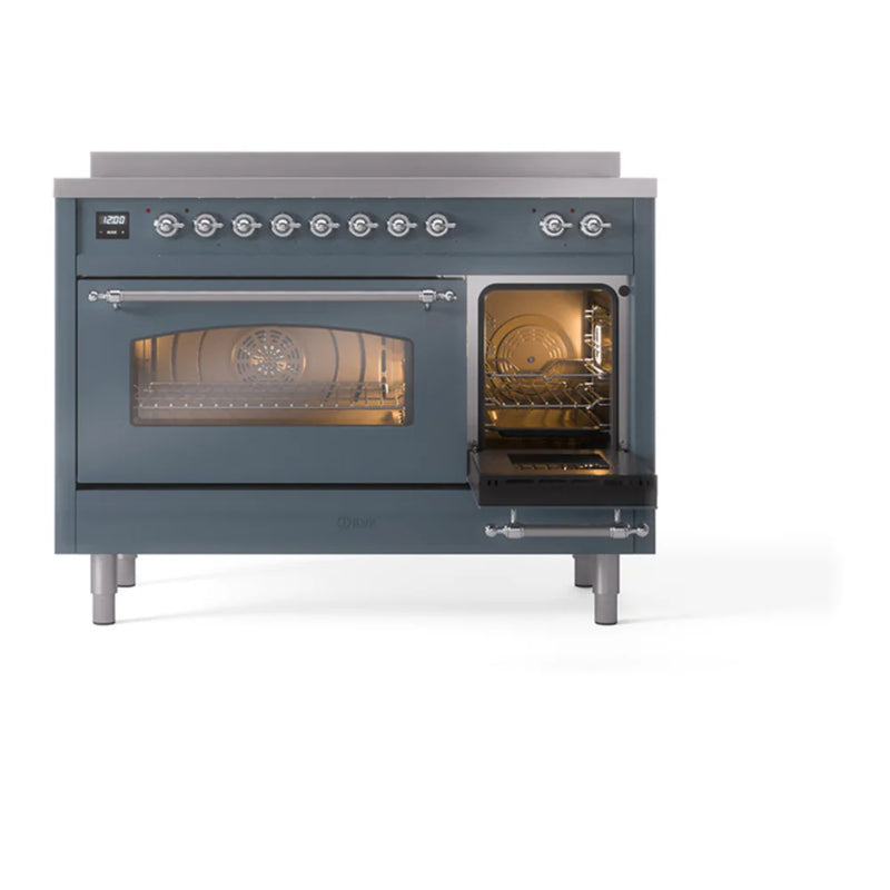 ILVE Nostalgie II 48" Induction Freestanding Range in Blue Grey with Chrome Trim, UPI486NMPBGC