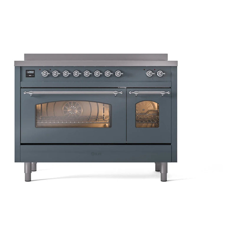 ILVE Nostalgie II 48" Induction Freestanding Range in Blue Grey with Chrome Trim, UPI486NMPBGC