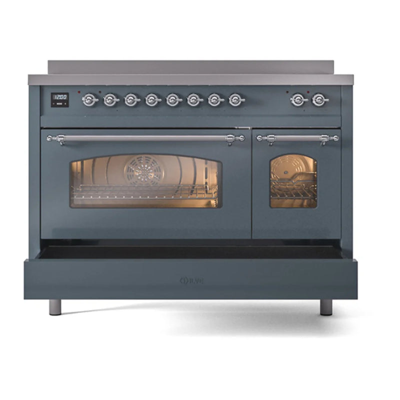 ILVE Nostalgie II 48" Induction Freestanding Range in Blue Grey with Chrome Trim, UPI486NMPBGC