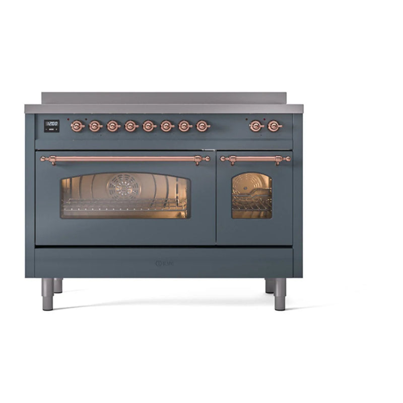ILVE Nostalgie II 48" Induction Freestanding Range in Blue Grey with Copper Trim, UPI486NMPBGP