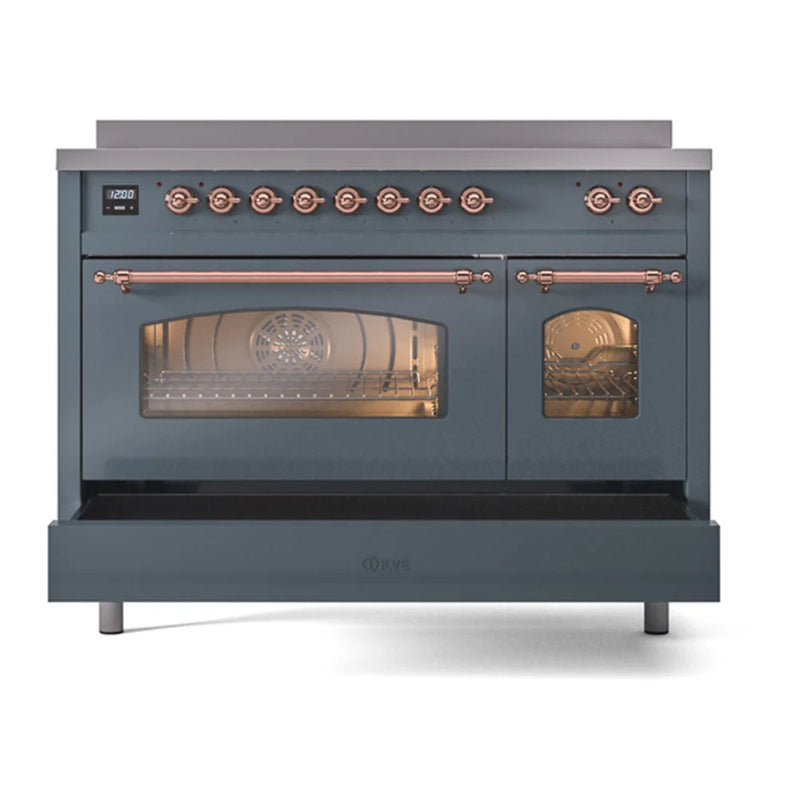 ILVE Nostalgie II 48" Induction Freestanding Range in Blue Grey with Copper Trim, UPI486NMPBGP