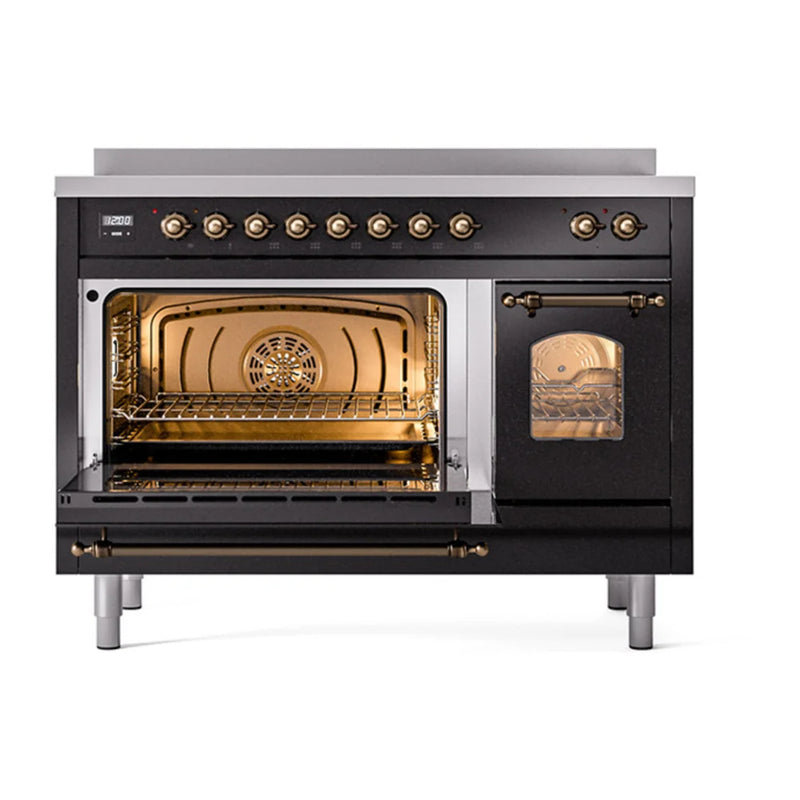 ILVE Nostalgie II 48" Induction Freestanding Range in Glossy Black with Burnished Trim, UPI486NMPBKB