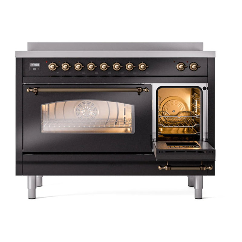 ILVE Nostalgie II 48" Induction Freestanding Range in Glossy Black with Burnished Trim, UPI486NMPBKB