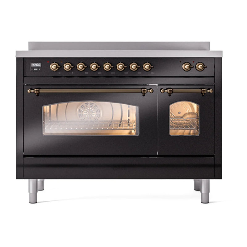 ILVE Nostalgie II 48" Induction Freestanding Range in Glossy Black with Burnished Trim, UPI486NMPBKB