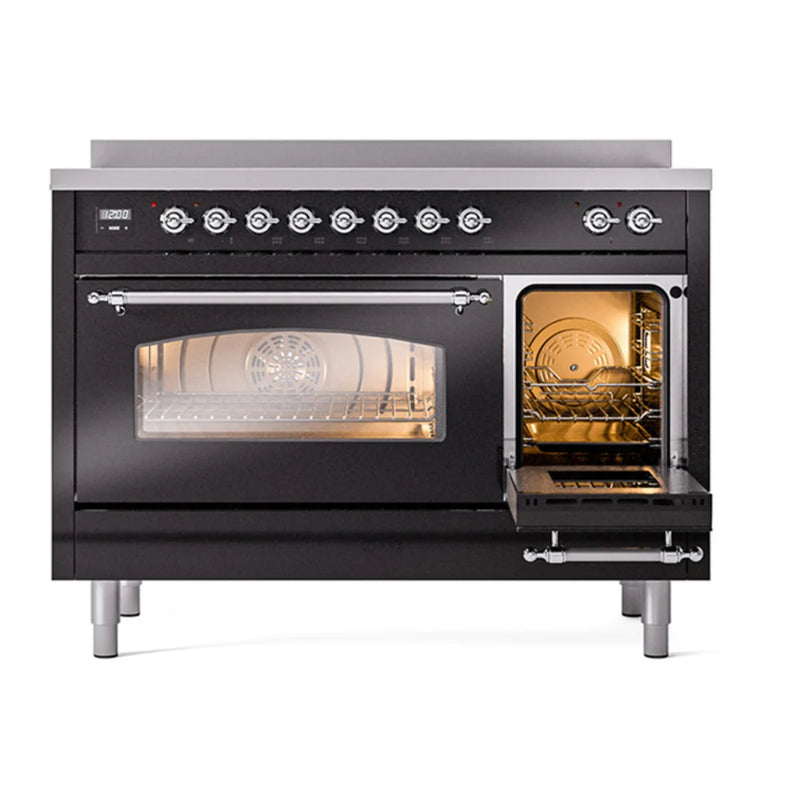 ILVE Nostalgie II 48" Induction Freestanding Range in Glossy Black with Chrome Trim, UPI486NMPBKC