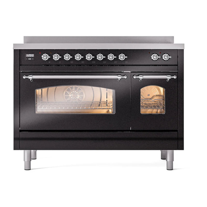 ILVE Nostalgie II 48" Induction Freestanding Range in Glossy Black with Chrome Trim, UPI486NMPBKC