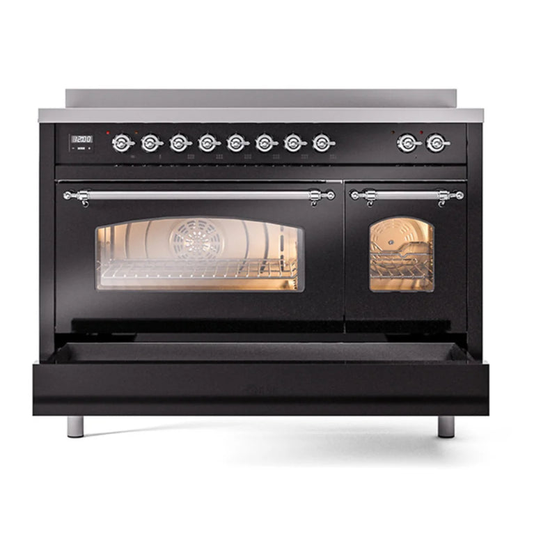 ILVE Nostalgie II 48" Induction Freestanding Range in Glossy Black with Chrome Trim, UPI486NMPBKC