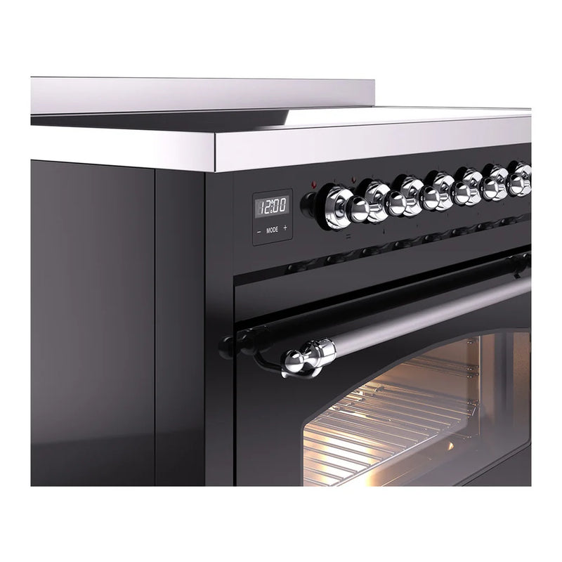 ILVE Nostalgie II 48" Induction Freestanding Range in Glossy Black with Chrome Trim, UPI486NMPBKC