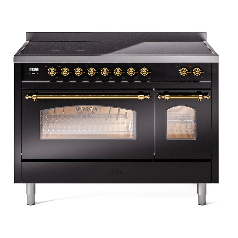ILVE Nostalgie II 48" Induction Freestanding Range in Glossy Black with Brass Trim, UPI486NMPBKG