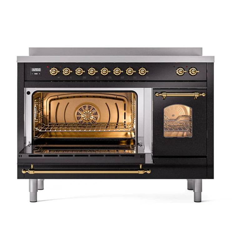 ILVE Nostalgie II 48" Induction Freestanding Range in Glossy Black with Brass Trim, UPI486NMPBKG