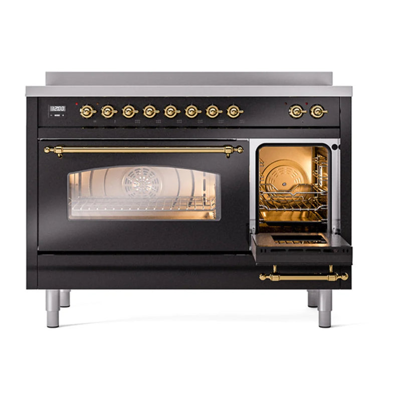 ILVE Nostalgie II 48" Induction Freestanding Range in Glossy Black with Brass Trim, UPI486NMPBKG