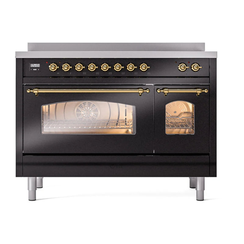 ILVE Nostalgie II 48" Induction Freestanding Range in Glossy Black with Brass Trim, UPI486NMPBKG