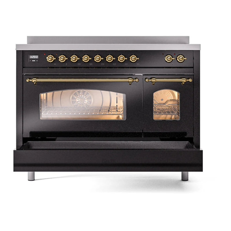 ILVE Nostalgie II 48" Induction Freestanding Range in Glossy Black with Brass Trim, UPI486NMPBKG