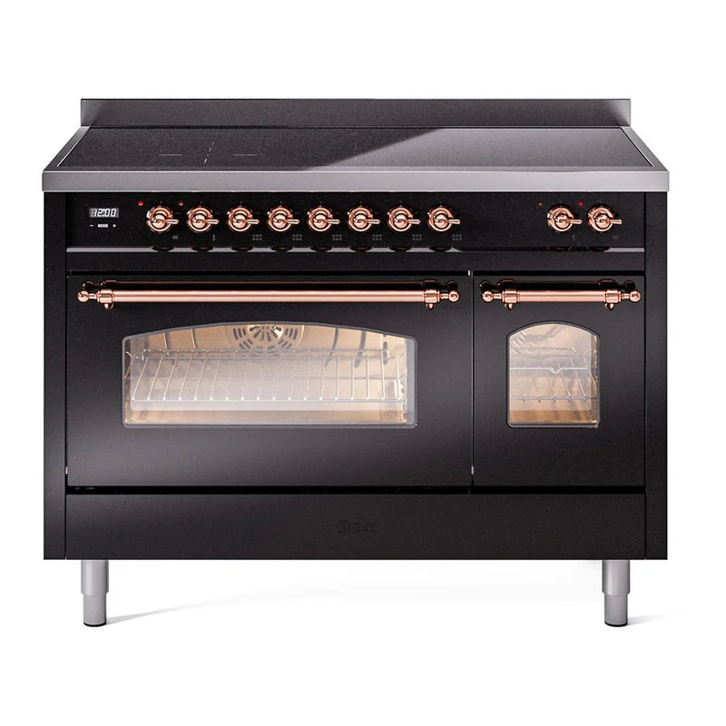 ILVE Nostalgie II 48" Induction Freestanding Range in Glossy Black with Copper Trim, UPI486NMPBKP