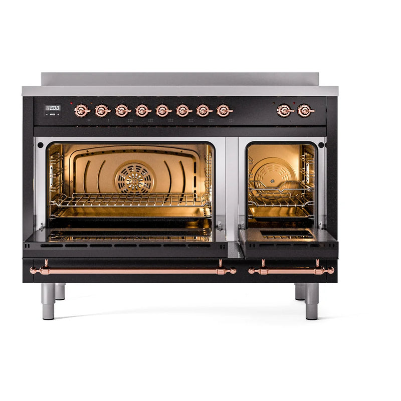 ILVE Nostalgie II 48" Induction Freestanding Range in Glossy Black with Copper Trim, UPI486NMPBKP