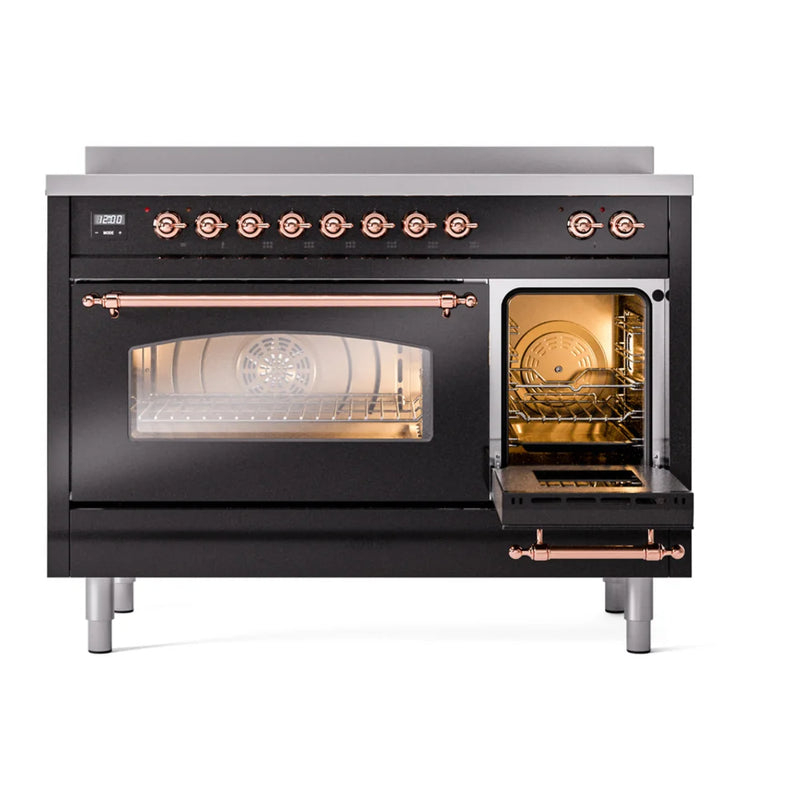 ILVE Nostalgie II 48" Induction Freestanding Range in Glossy Black with Copper Trim, UPI486NMPBKP
