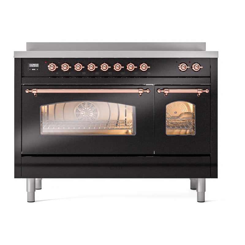ILVE Nostalgie II 48" Induction Freestanding Range in Glossy Black with Copper Trim, UPI486NMPBKP
