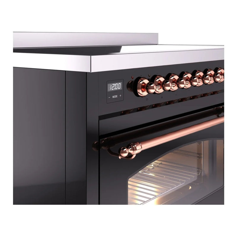 ILVE Nostalgie II 48" Induction Freestanding Range in Glossy Black with Copper Trim, UPI486NMPBKP