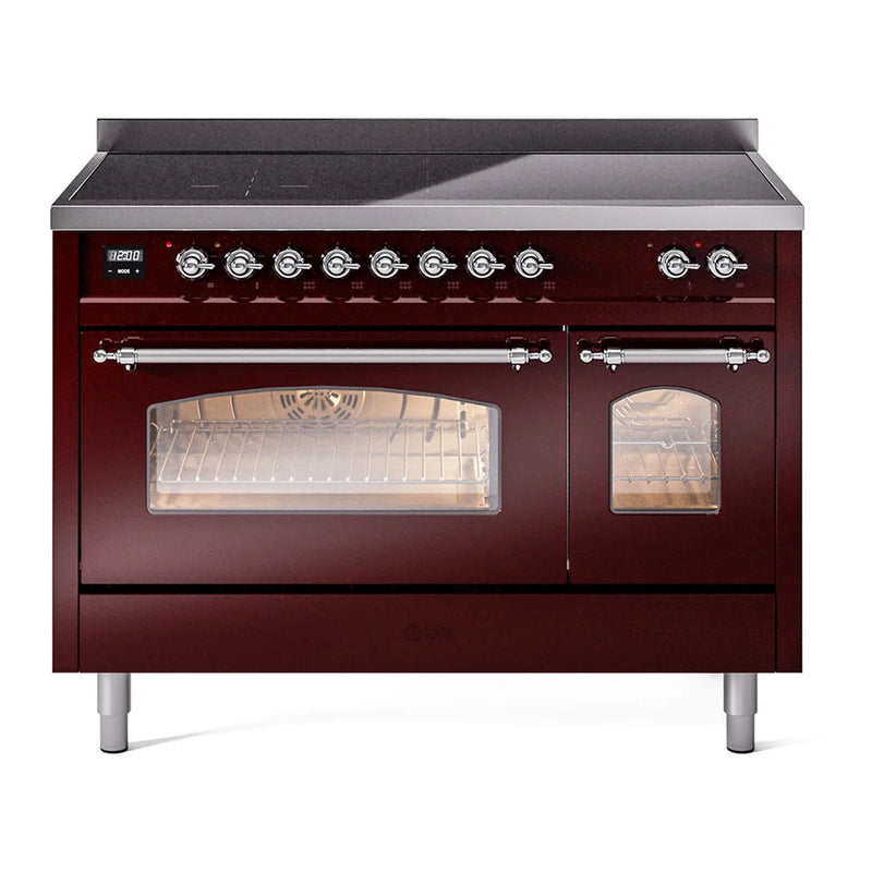 ILVE Nostalgie II 48" Induction Freestanding Range in Burgundy with Chrome Trim, UPI486NMPBUC