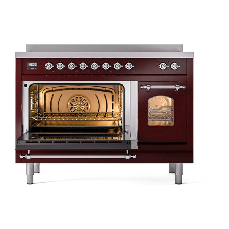 ILVE Nostalgie II 48" Induction Freestanding Range in Burgundy with Chrome Trim, UPI486NMPBUC
