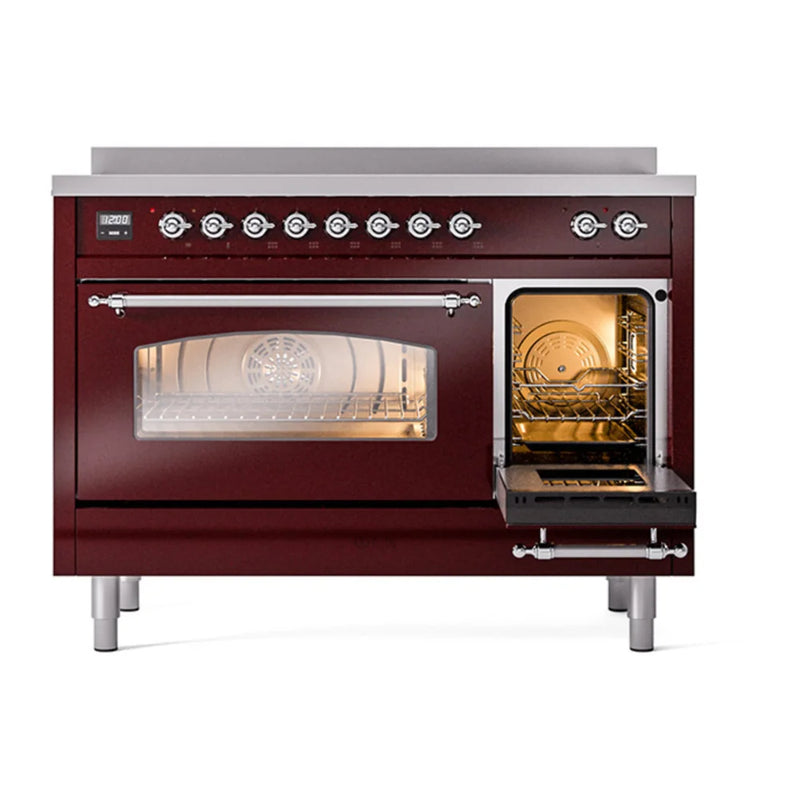 ILVE Nostalgie II 48" Induction Freestanding Range in Burgundy with Chrome Trim, UPI486NMPBUC