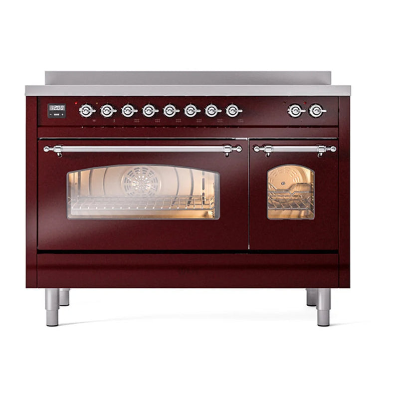 ILVE Nostalgie II 48" Induction Freestanding Range in Burgundy with Chrome Trim, UPI486NMPBUC