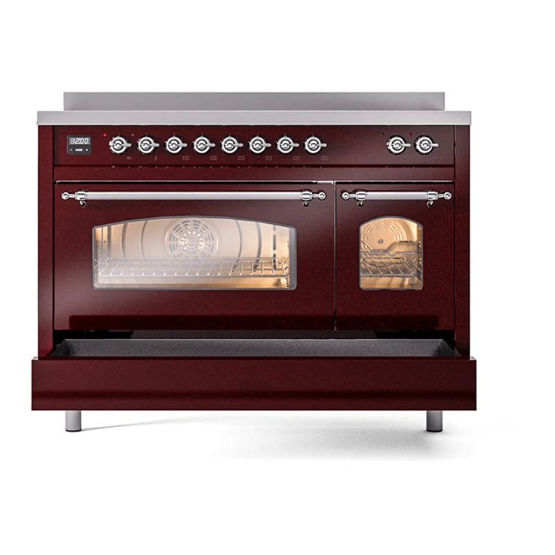 ILVE Nostalgie II 48" Induction Freestanding Range in Burgundy with Chrome Trim, UPI486NMPBUC