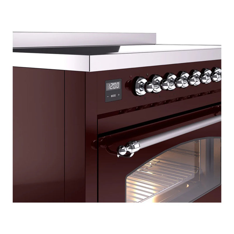 ILVE Nostalgie II 48" Induction Freestanding Range in Burgundy with Chrome Trim, UPI486NMPBUC