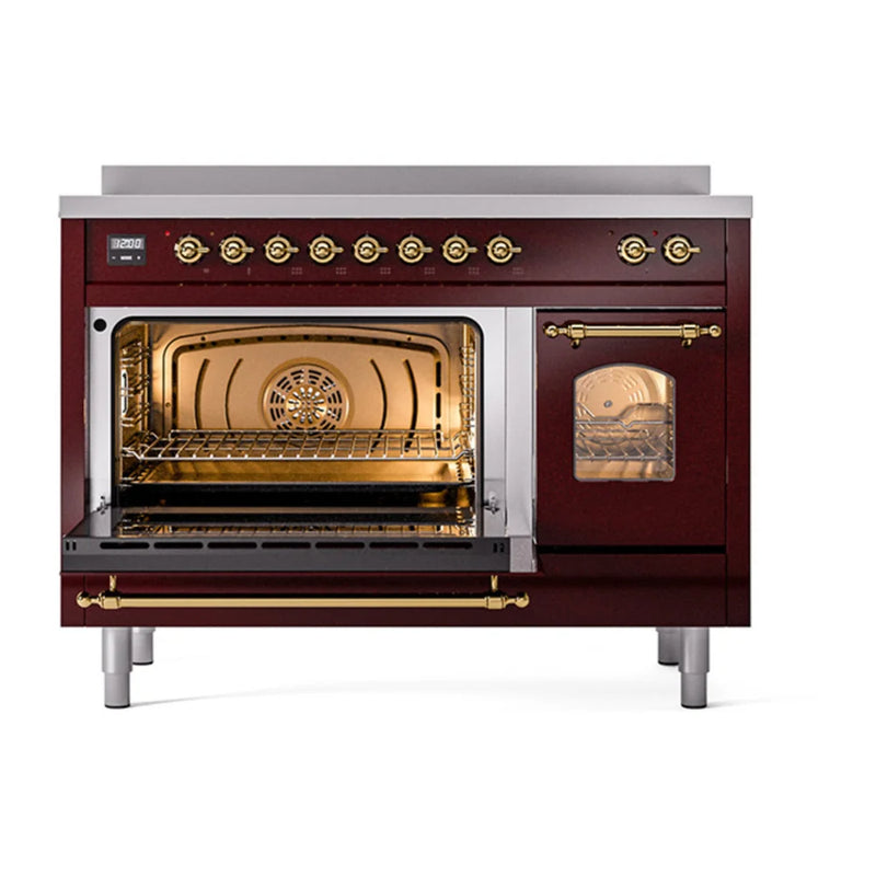 ILVE Nostalgie II 48" Induction Freestanding Range in Burgundy with Brass Trim, UPI486NMPBUG