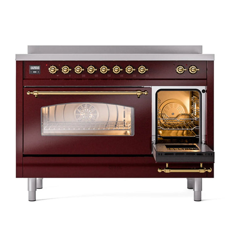 ILVE Nostalgie II 48" Induction Freestanding Range in Burgundy with Brass Trim, UPI486NMPBUG