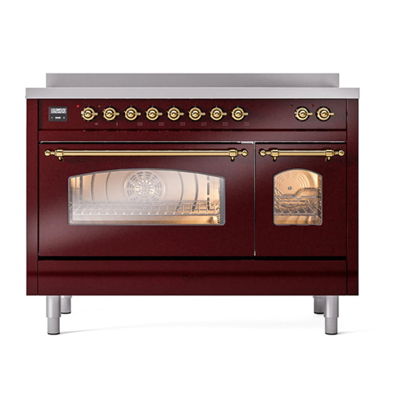 ILVE Nostalgie II 48" Induction Freestanding Range in Burgundy with Brass Trim, UPI486NMPBUG