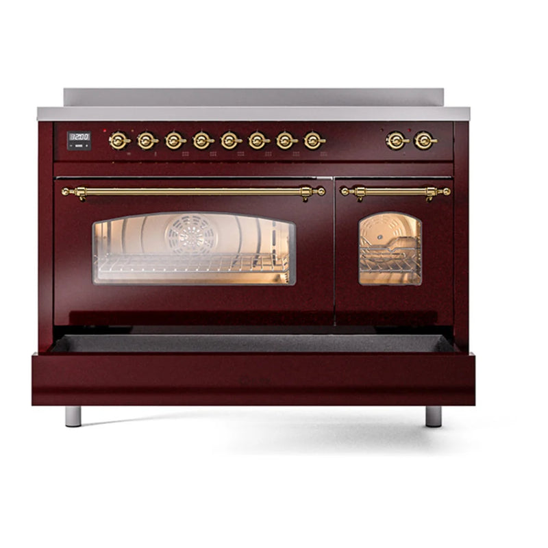 ILVE Nostalgie II 48" Induction Freestanding Range in Burgundy with Brass Trim, UPI486NMPBUG