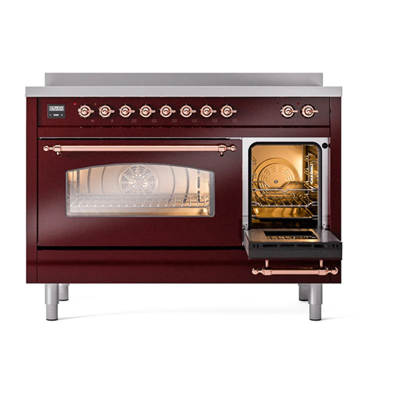 ILVE Nostalgie II 48" Induction Freestanding Range in Burgundy with Copper Trim, UPI486NMPBUP